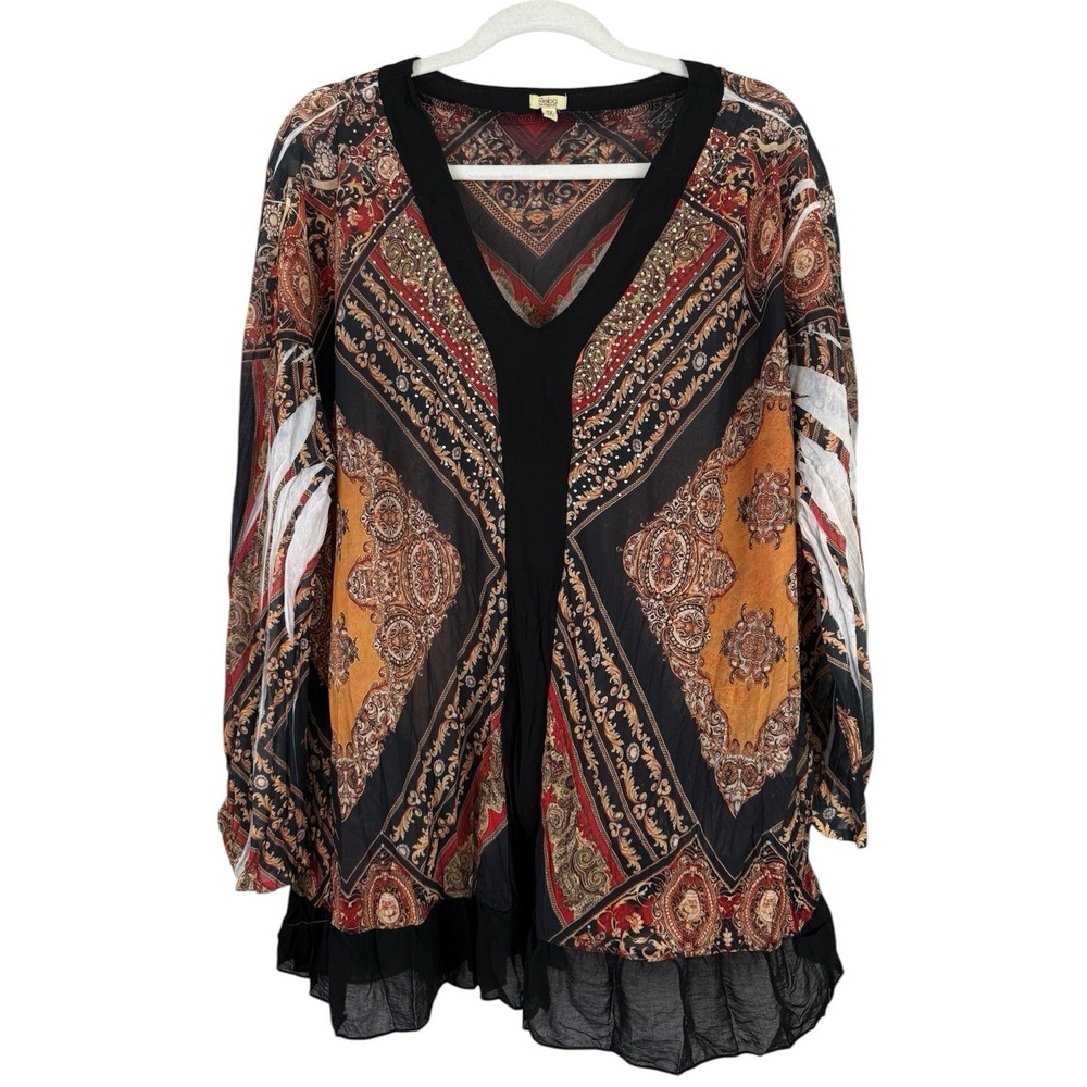 Reba Top Blouse Pullover Deep V-Neck Women's 3X Brown Black Sheer Paisley Tunic